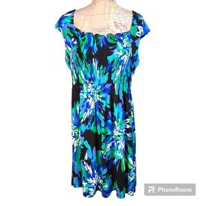 PERCEPTIONS SIZE 16 BLUE GREEN CAP SLEEVE SMOCKED FULL KNEE-LENGTH DRESS EUC